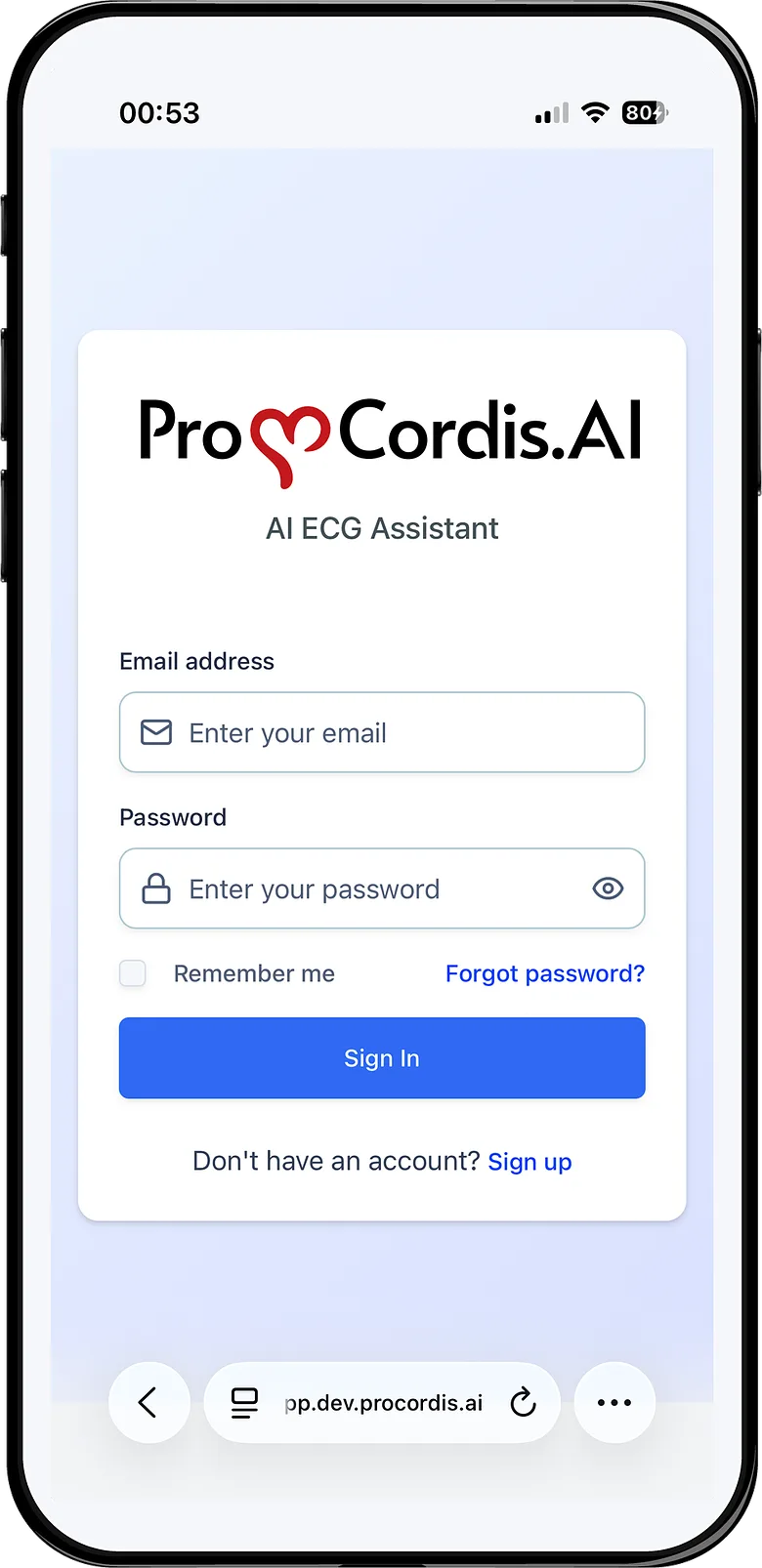 ProCordis.AI sign-in screen on a phone