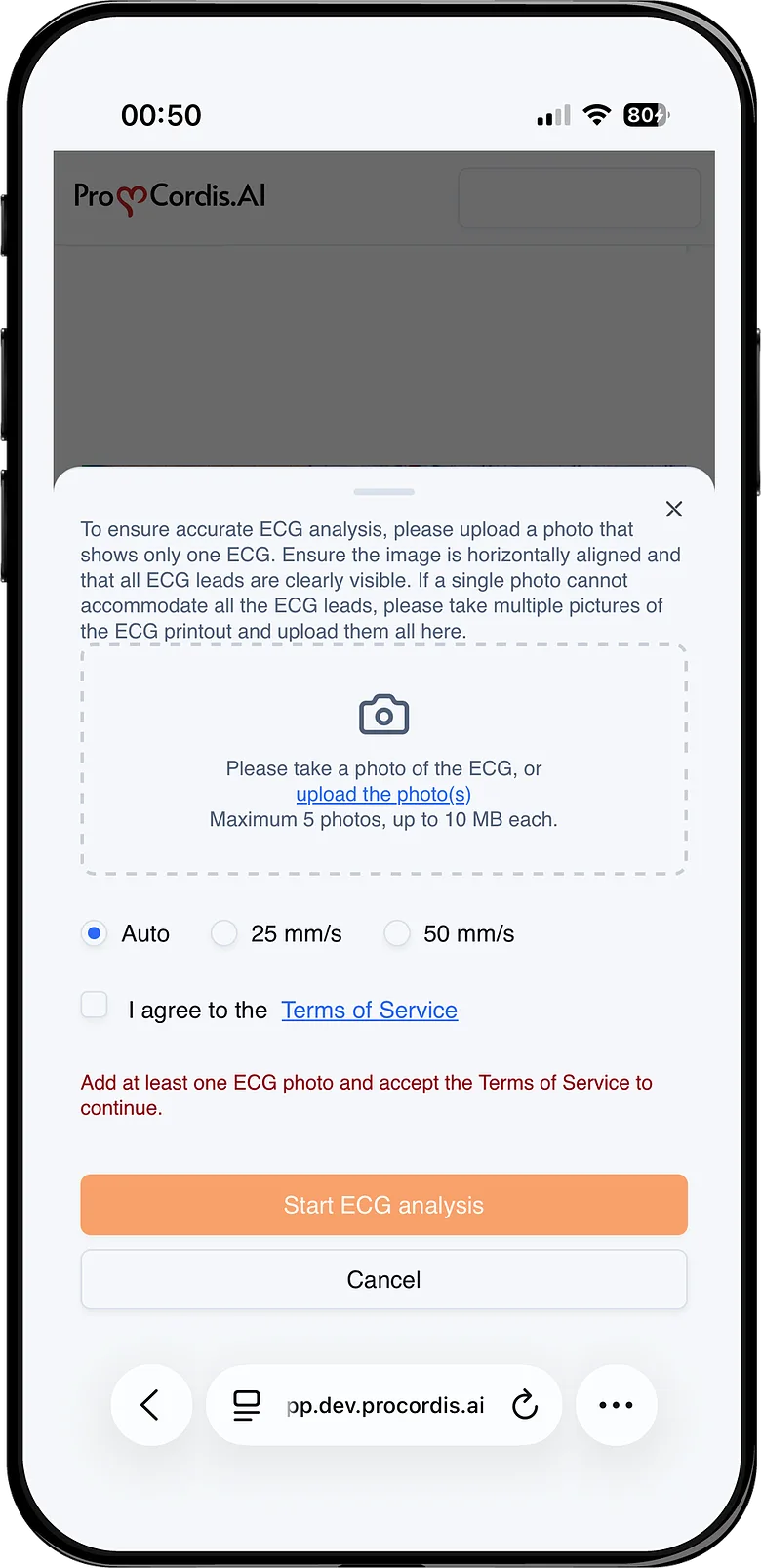 ProCordis.AI upload screen: take or upload a photo of a 12-lead ECG